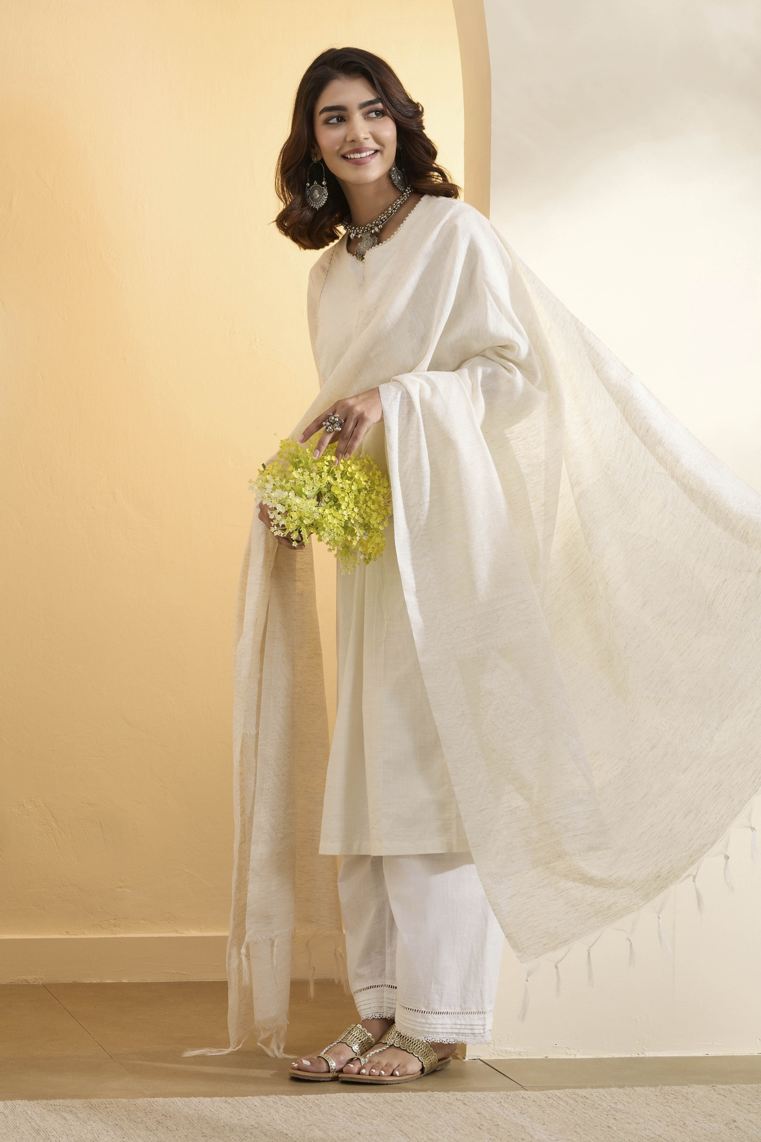 Off White Poly Banarasi Dupatta image number 0