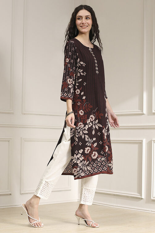Berry Maroon Printed Straight Kurta image number 4