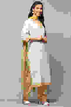 Yellow White Cotton Unstitched Suit set image number 7