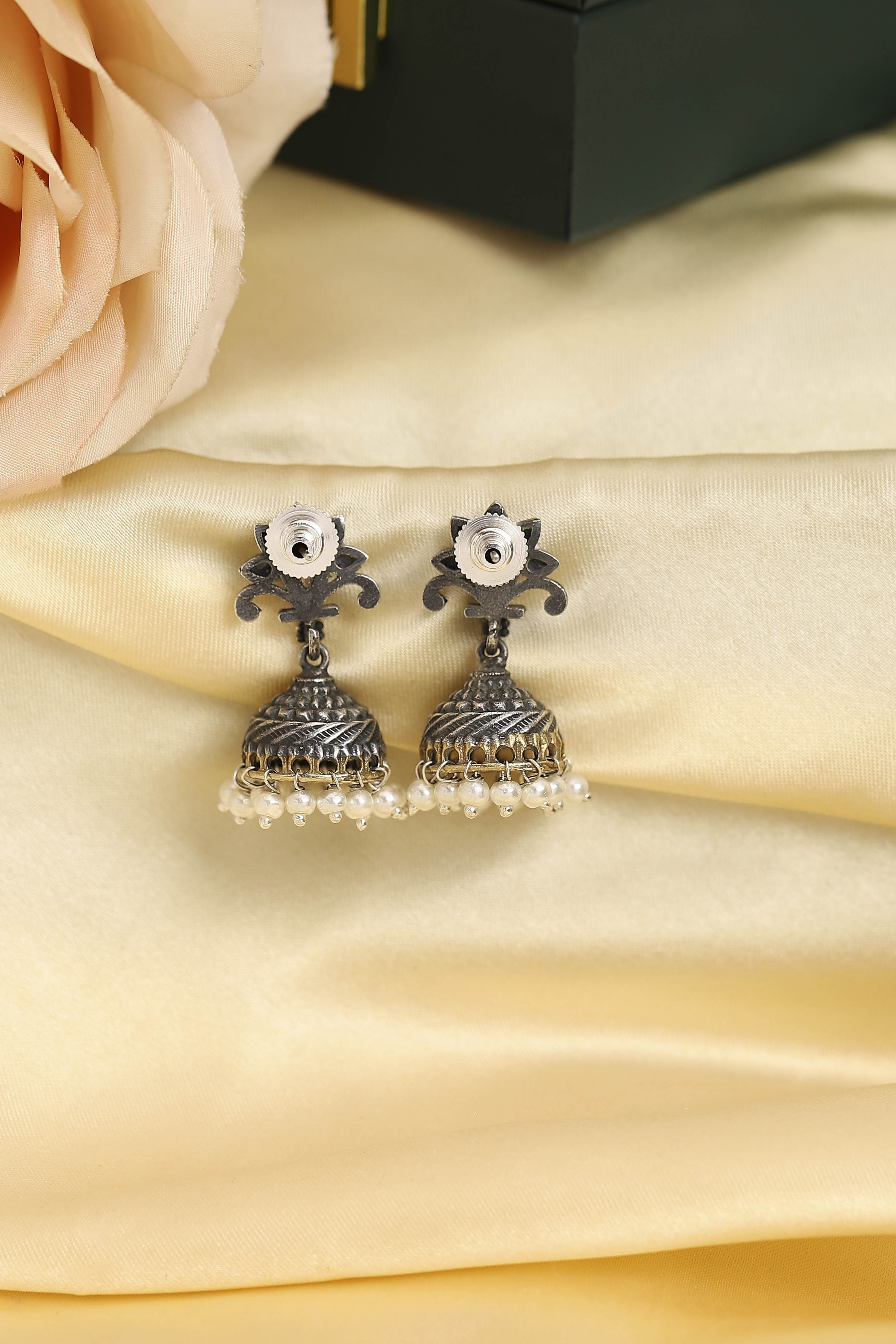 White Oxidised Brass Pearl Studded Jhumkas image number 2