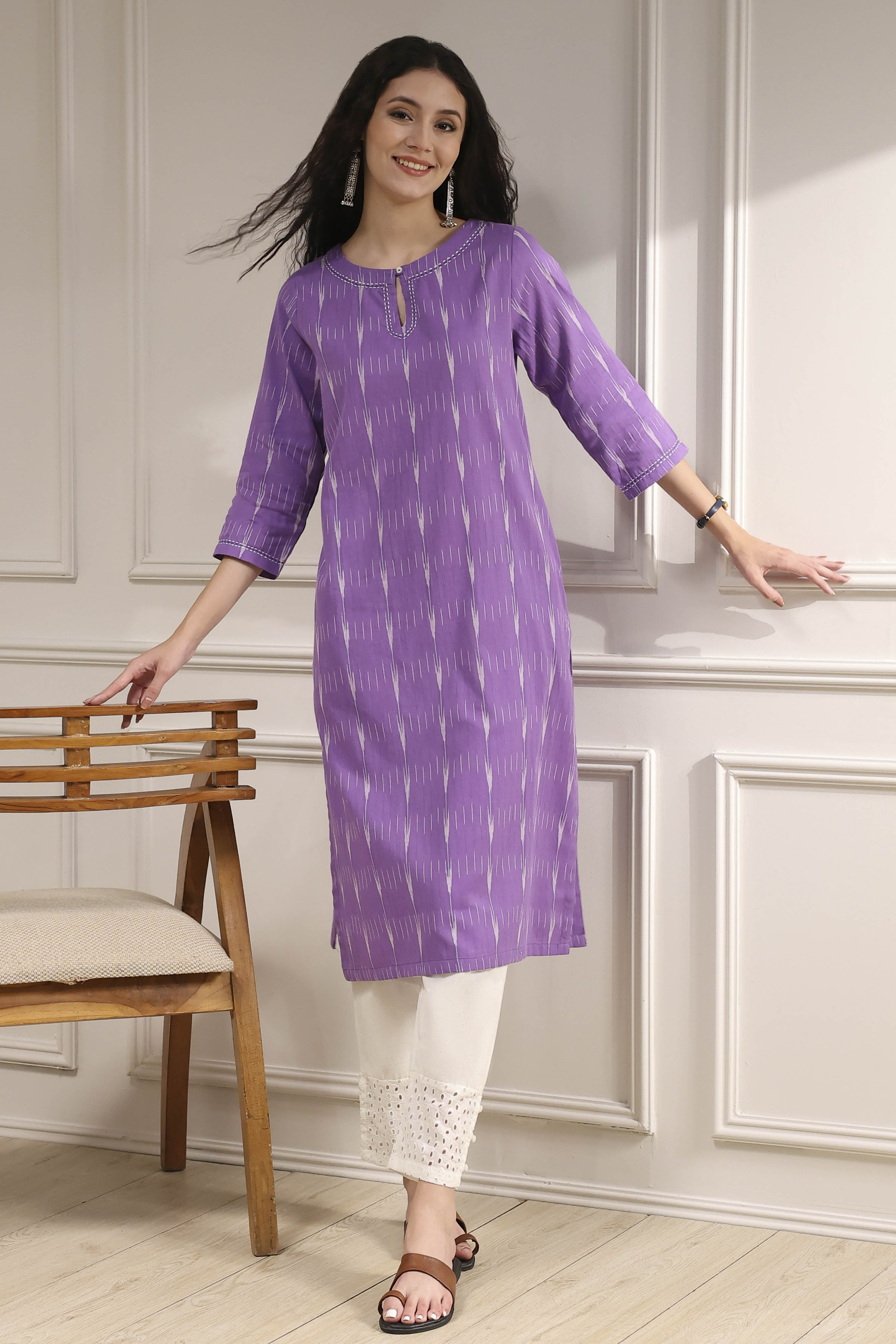 Purple Cotton Ikat Straight Kurta image number 0