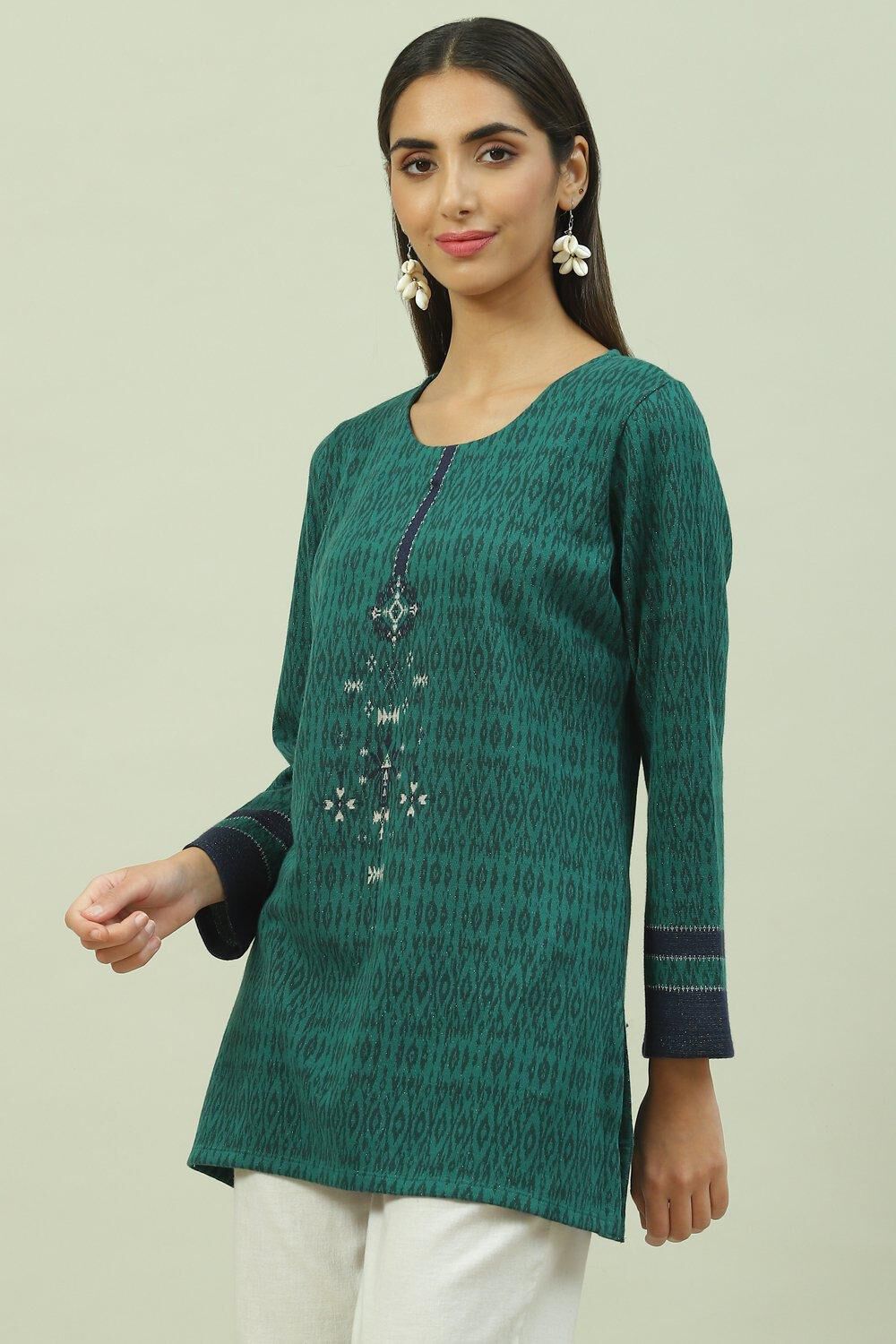 Green Poly Metallic Straight Printed Kurti image number 2