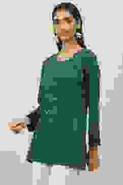 Green Poly Metallic Straight Printed Kurti image number 2