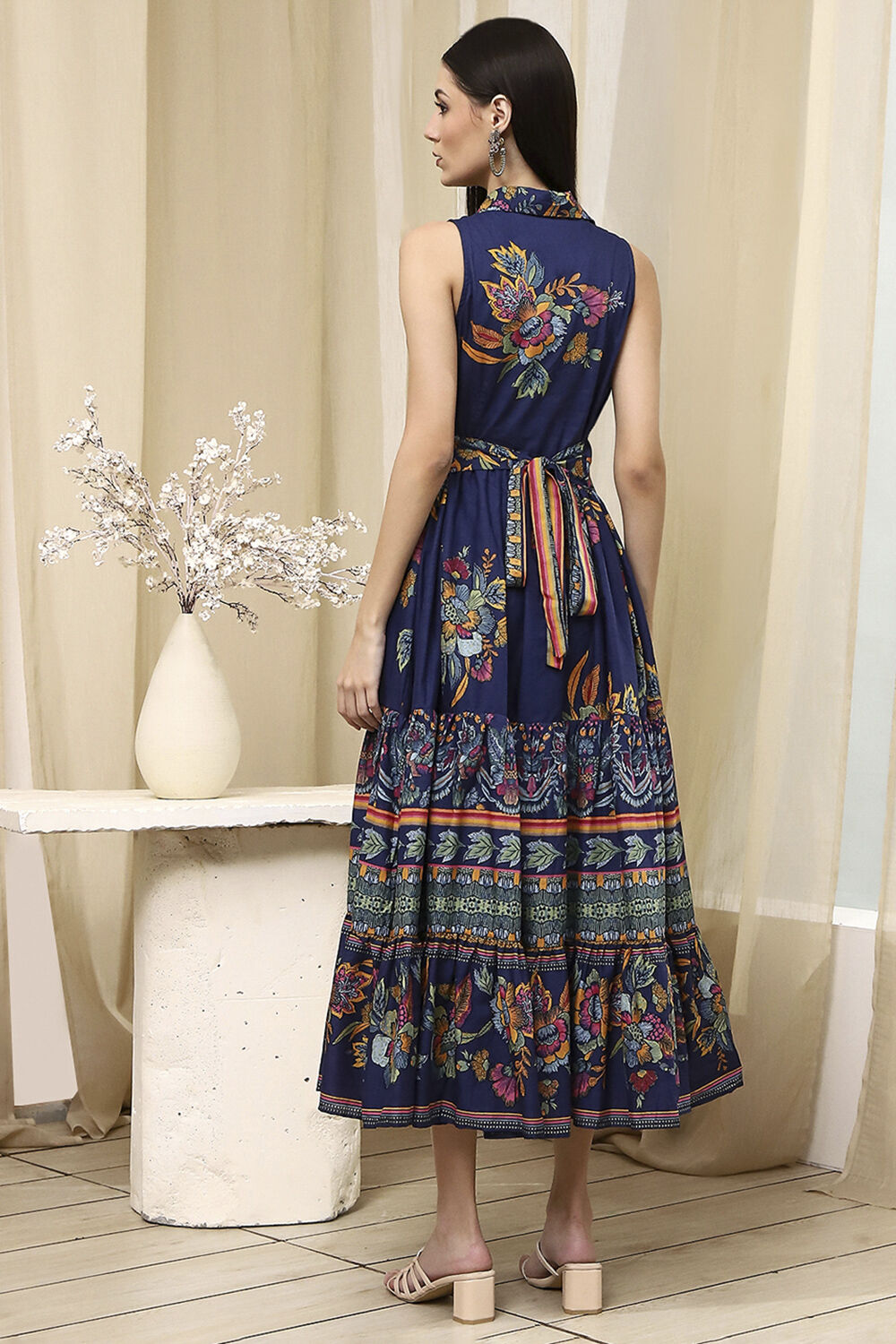 Indigo Cotton Floral Tiered Dress image number 3