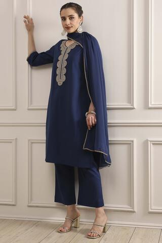 BIBA Blue Cotton Straight Dyed Suit Set in Blue