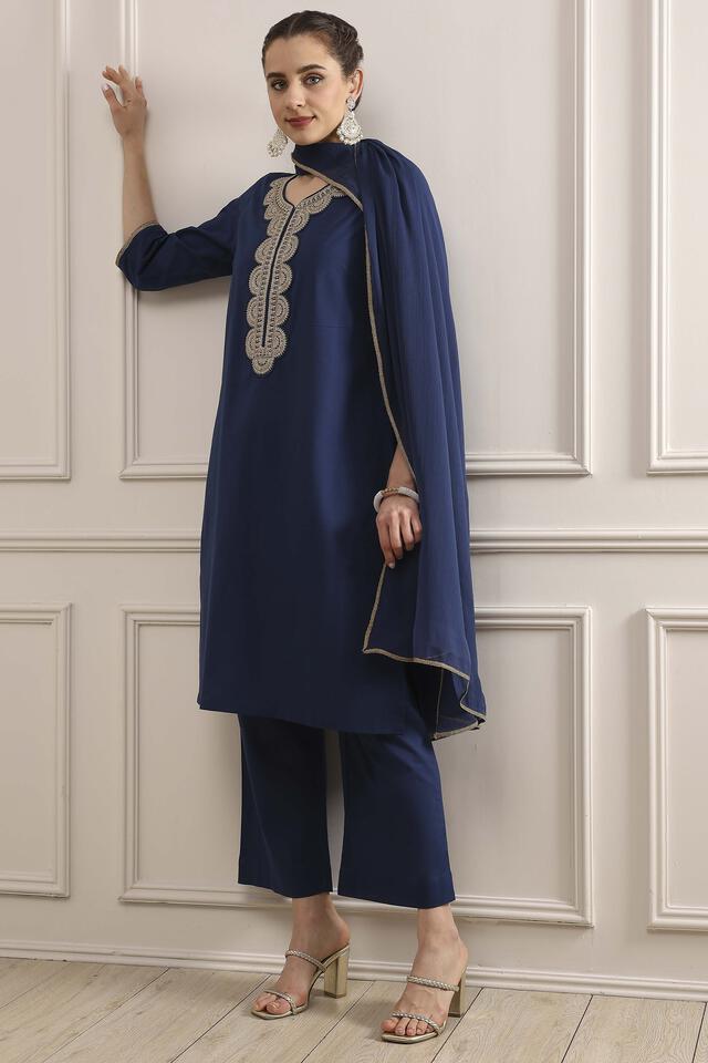 BIBA Blue Cotton Straight Dyed Suit Set in Blue