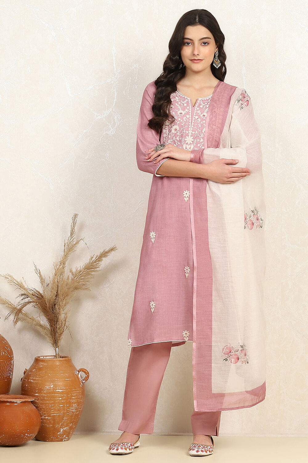 Pink Cotton Embroidered Unstitched Suit Set image number 7