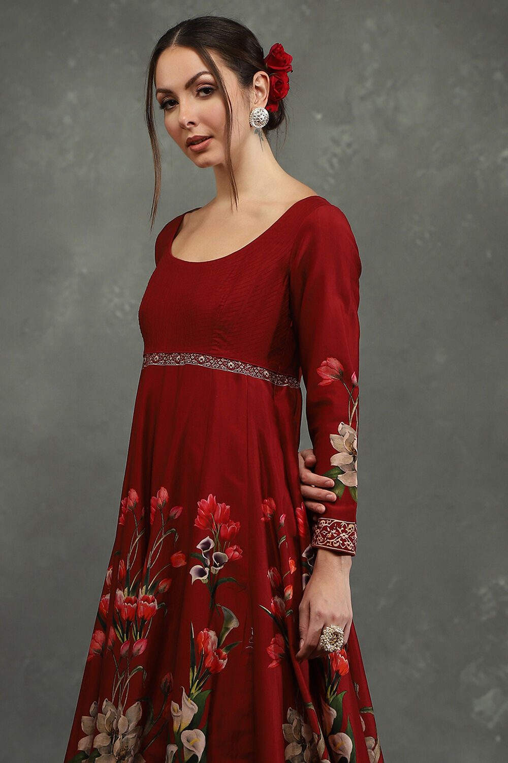 Rohit Bal Maroon Silk Chanderi Floral Anarkali Suit Set image number 1