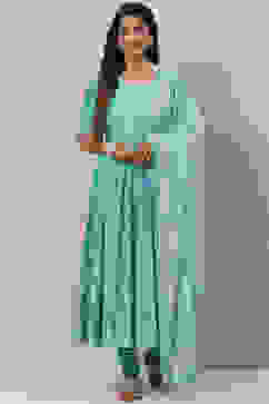 Turquoise Cotton Anarkali Kurta Churidar Suit Set image number 0
