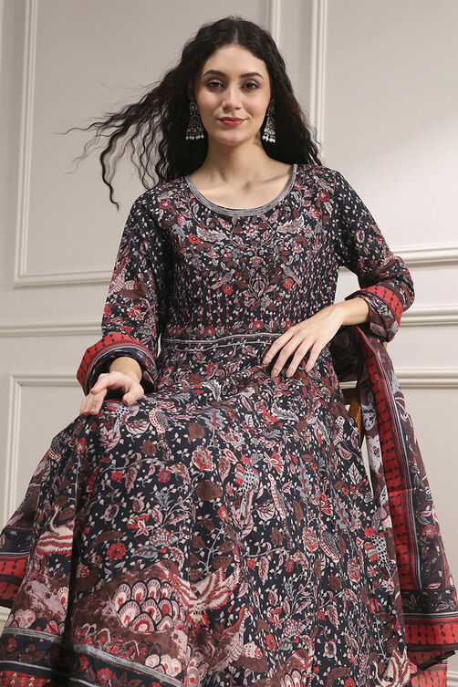 Black Cotton Fitted Anarkali Suit Set image number 7