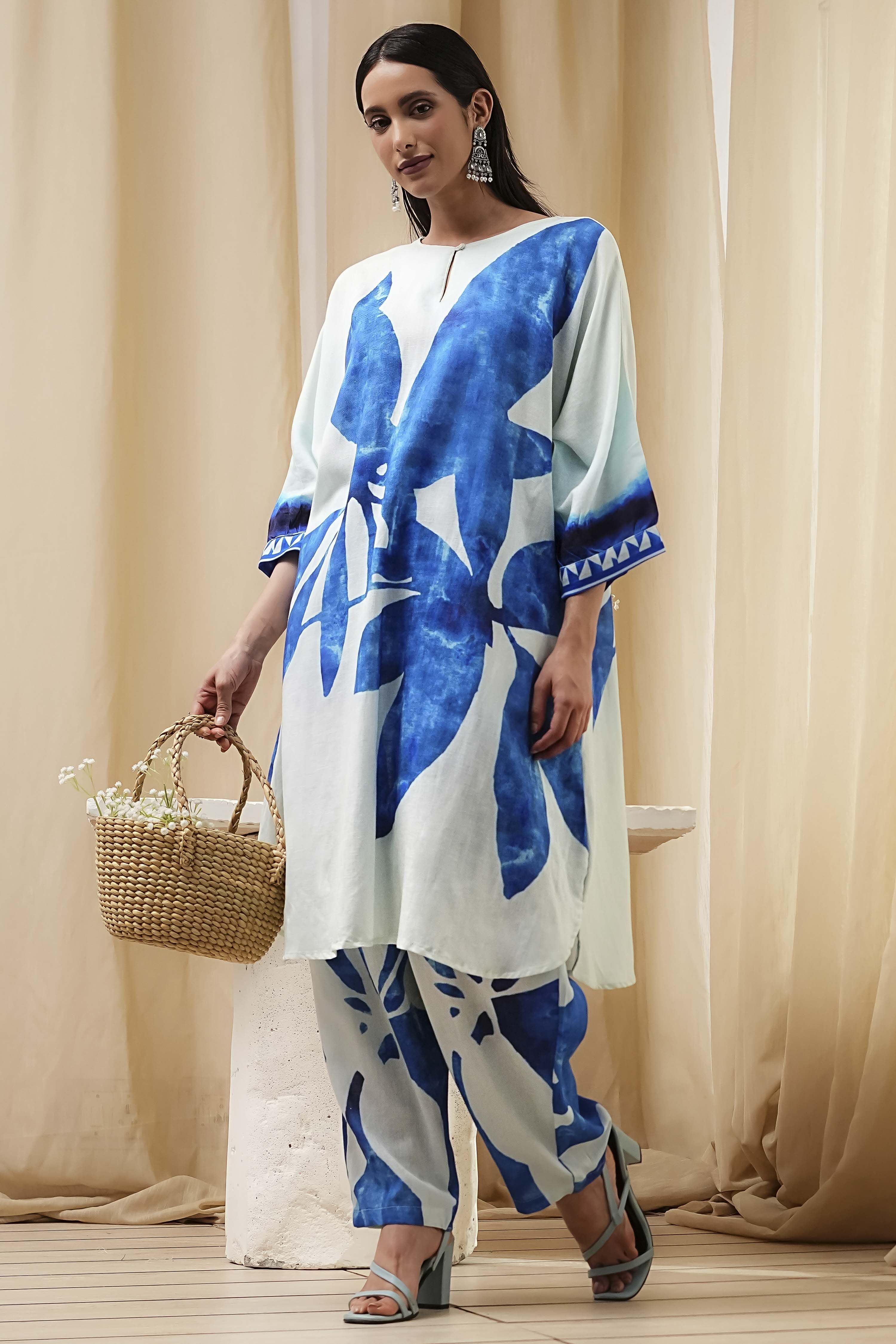 Indigo Blue and White Straight Co-ord Set image number 0