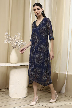 Blue Georgette Printed Asymmetric Dress image number 2