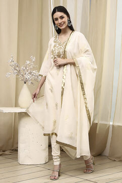 Off-White Poly Chanderi Straight Suit Set image number 3