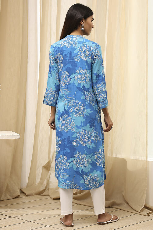 Blue Floral Printed Straight Kurta image number 4