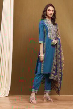 Teal Cotton Floral Printed Straight Suit Set image number 5
