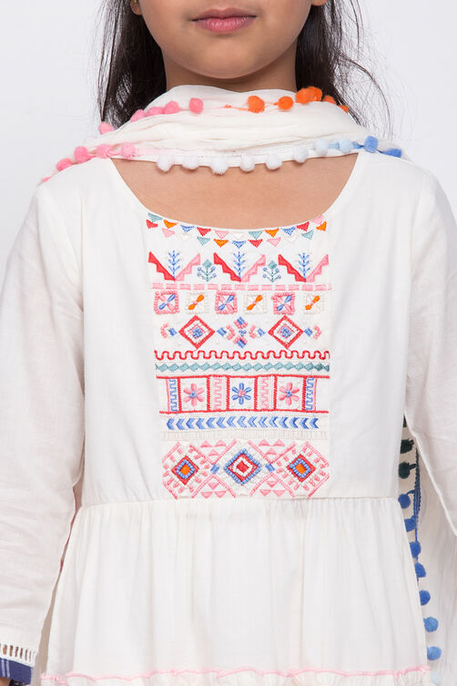 Off White Cotton Tiered Straight Kurta Churidar Suit Set image number 1