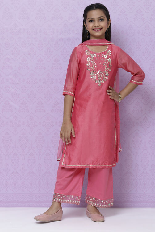 Pink Poly Cotton Girls Straight  Kurta Palazzo Suit Set image number 4