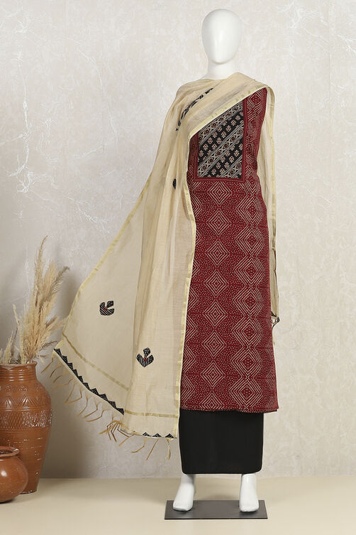 Black Cotton Blend Hand Block Print Unstitched Suit Set image number 4