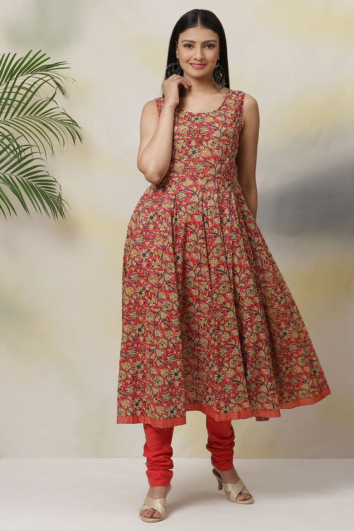 Off White Cotton Layered Printed Kurta Churidar Suit Set image number 5