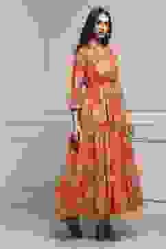 Orange Cotton Floral Tiered Dress image number 4