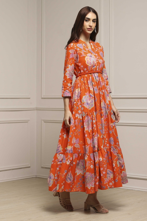 Earthy Blue Cotton Floral Tiered Dress image number 4