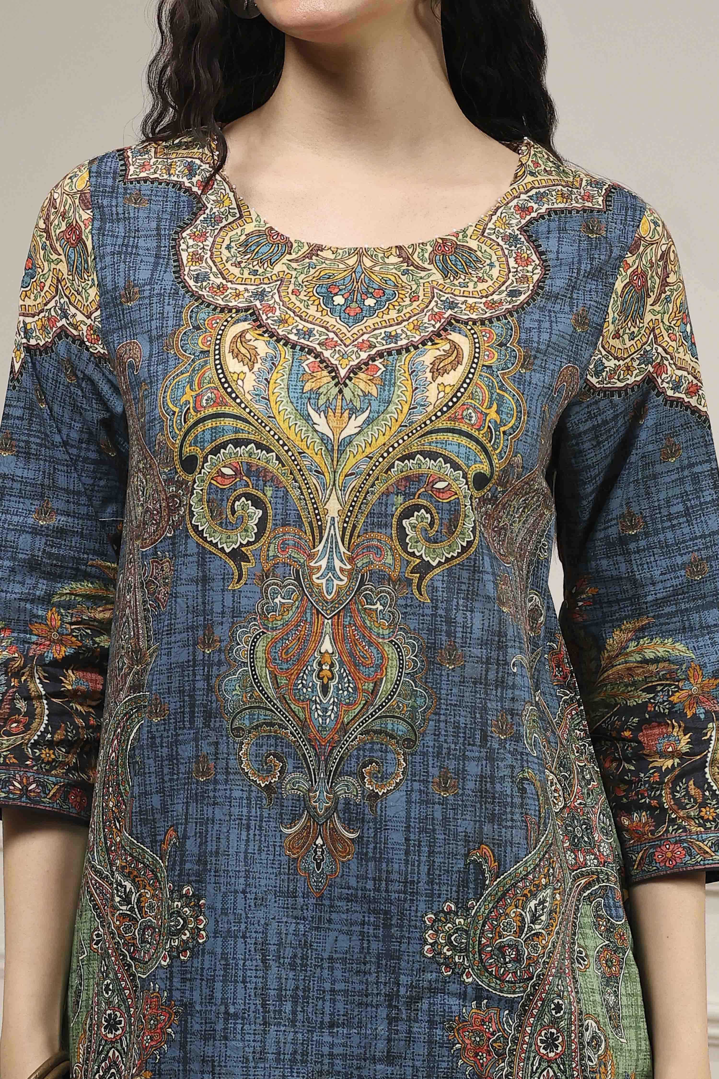 Blue Cotton Printed Straight Kurta image number 1