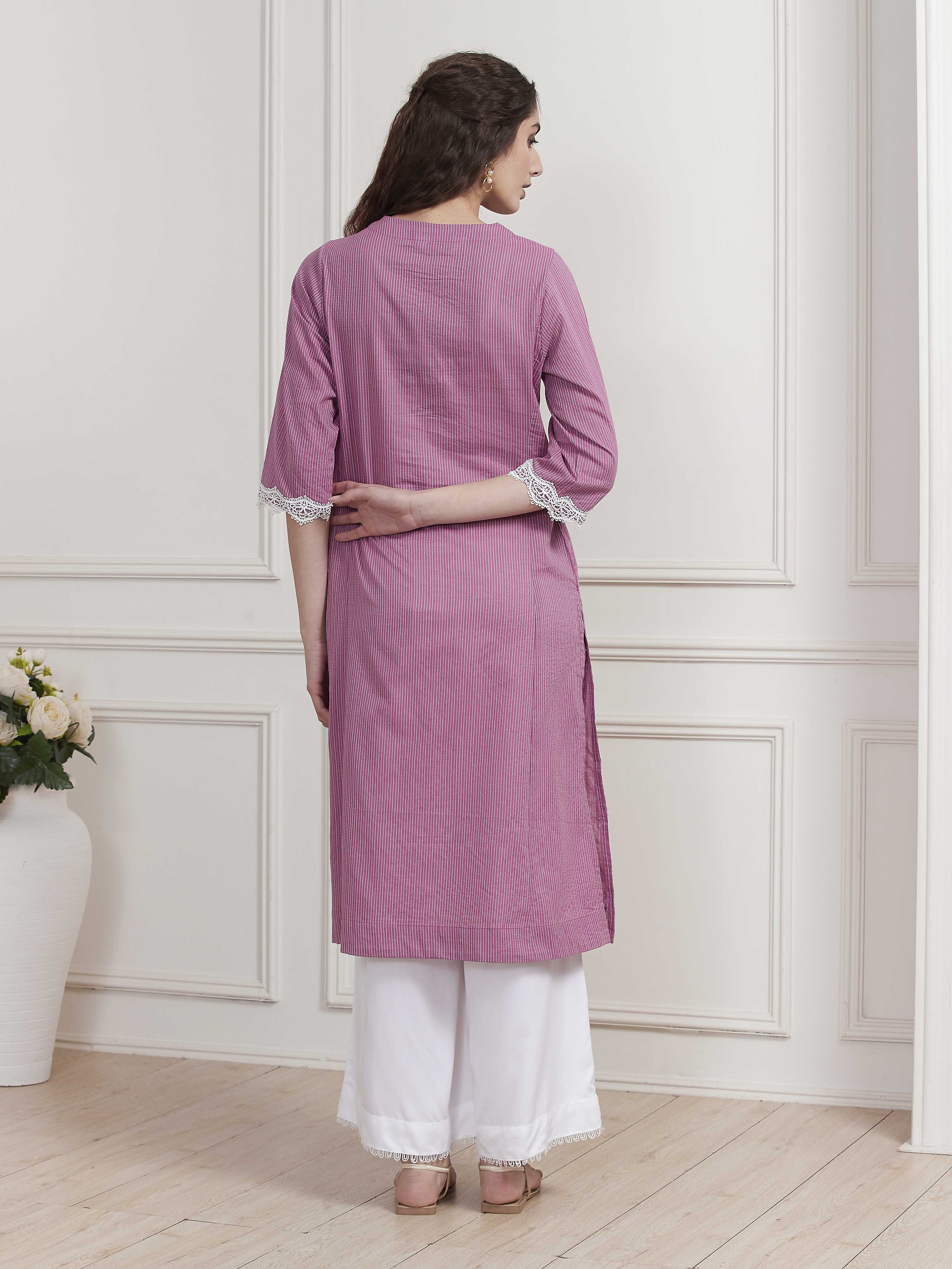 Purple Printed Yarn-Dyed Straight Kurta image number 3