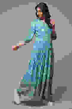 Turquoise Printed Tiered Dress image number 4