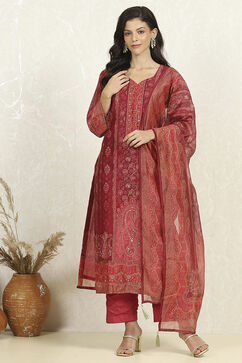 Green-Maroon Chanderi Unstitched Suit Set image number 7