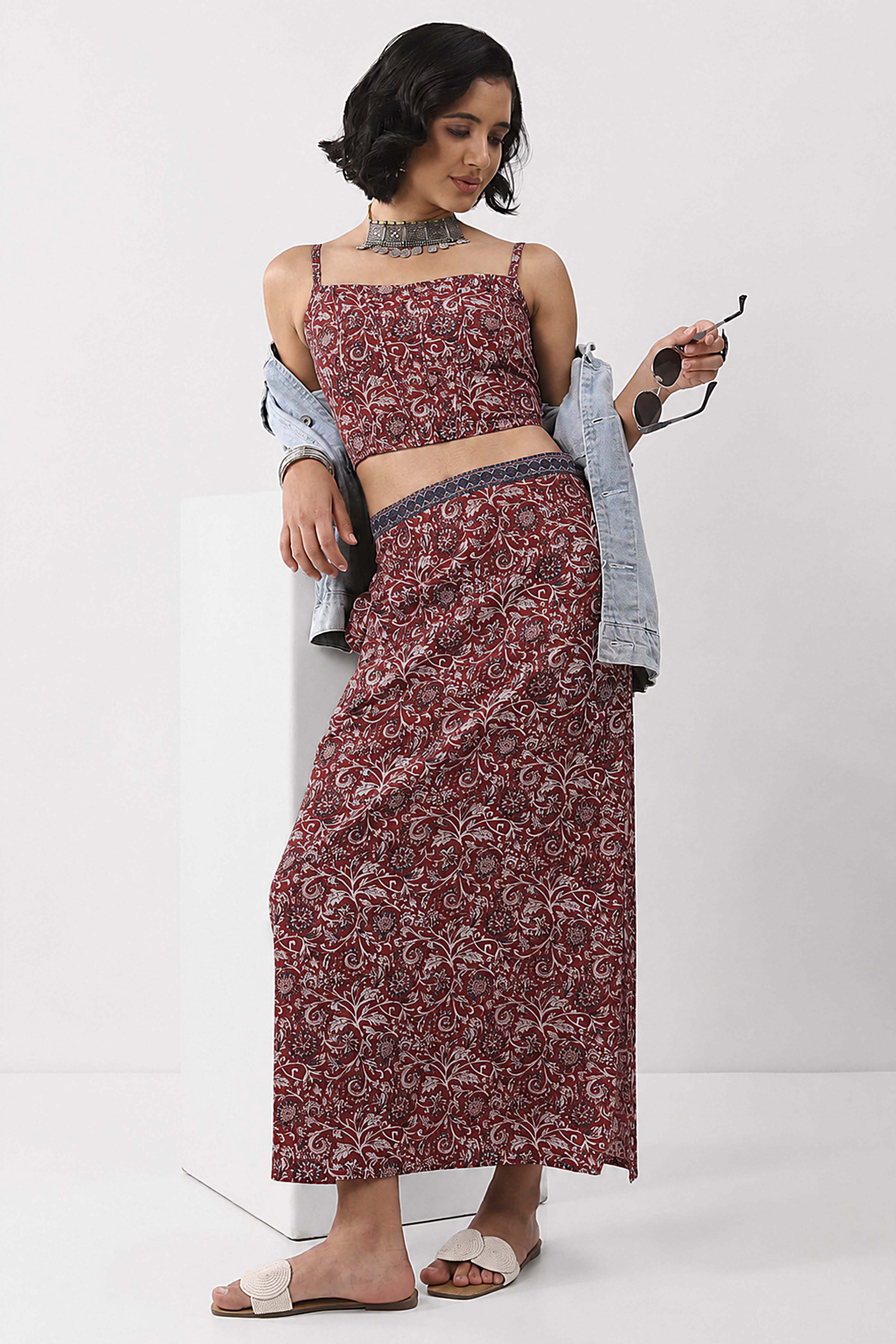 Rust Cotton Printed Skirt image number 0