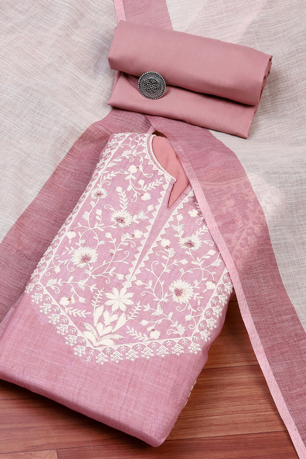 Pink Cotton Embroidered Unstitched Suit Set image number 0