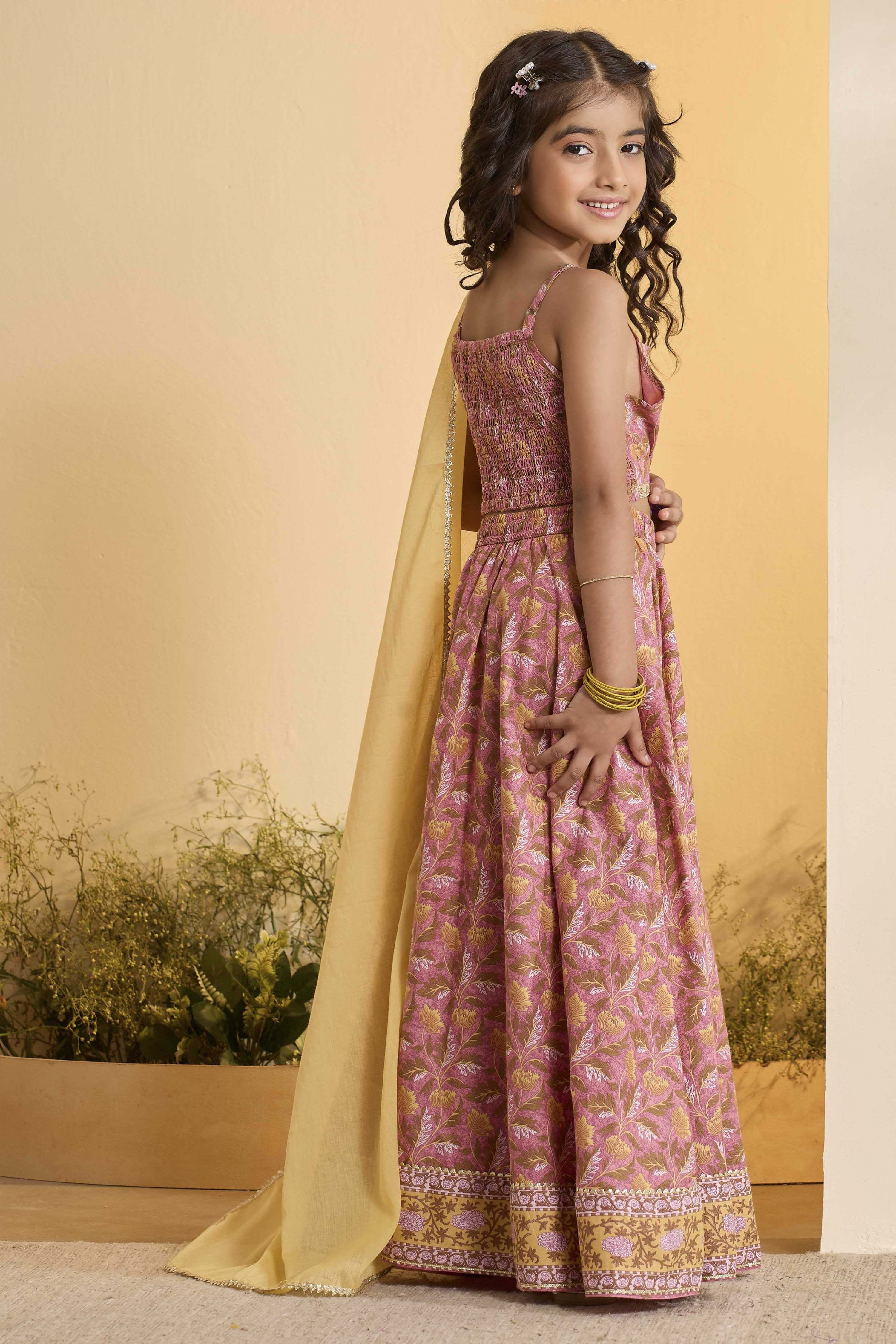 Peach Cotton Printed Gathered Lehenga Set image number 4