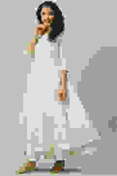 Off White Art Silk Anarkali Printed Dress image number 3