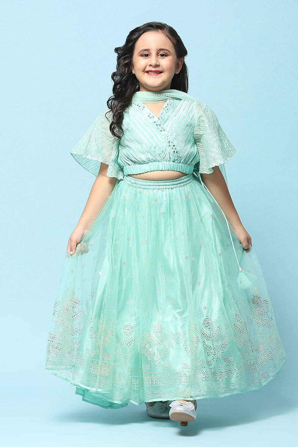 Mint Poly Viscose Short Kurta Lehenga Suit Set image number 7