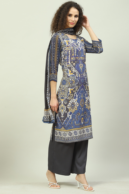 Blue LIVA Straight Kurta Palazzo Suit Set image number 6