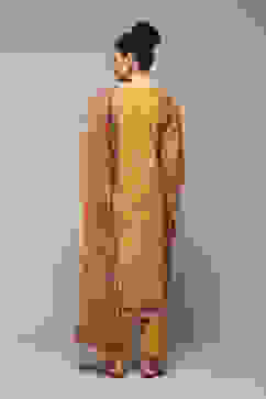 Mustard Cotton Straight Kurta Slim Pants Suit Set image number 4