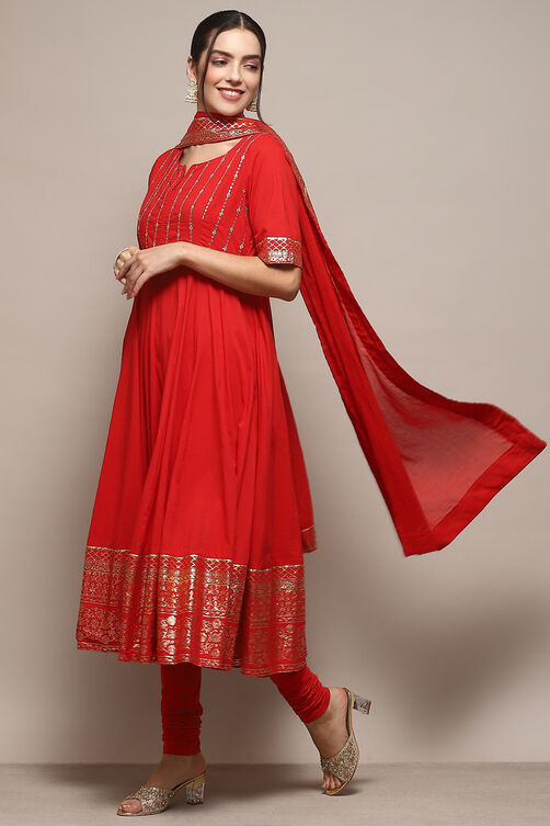Red Cambric Anarkali Kurta Churidar Suit Set image number 4