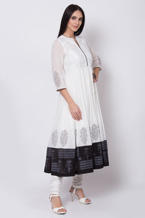 Off White And Black Cotton Anarkali Kurta Churidar Suit Set image number 4