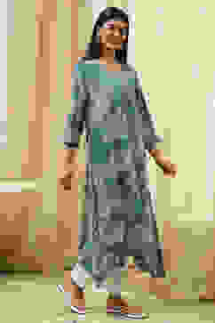 Teal Floral Printed Asymmetric Kurta image number 3