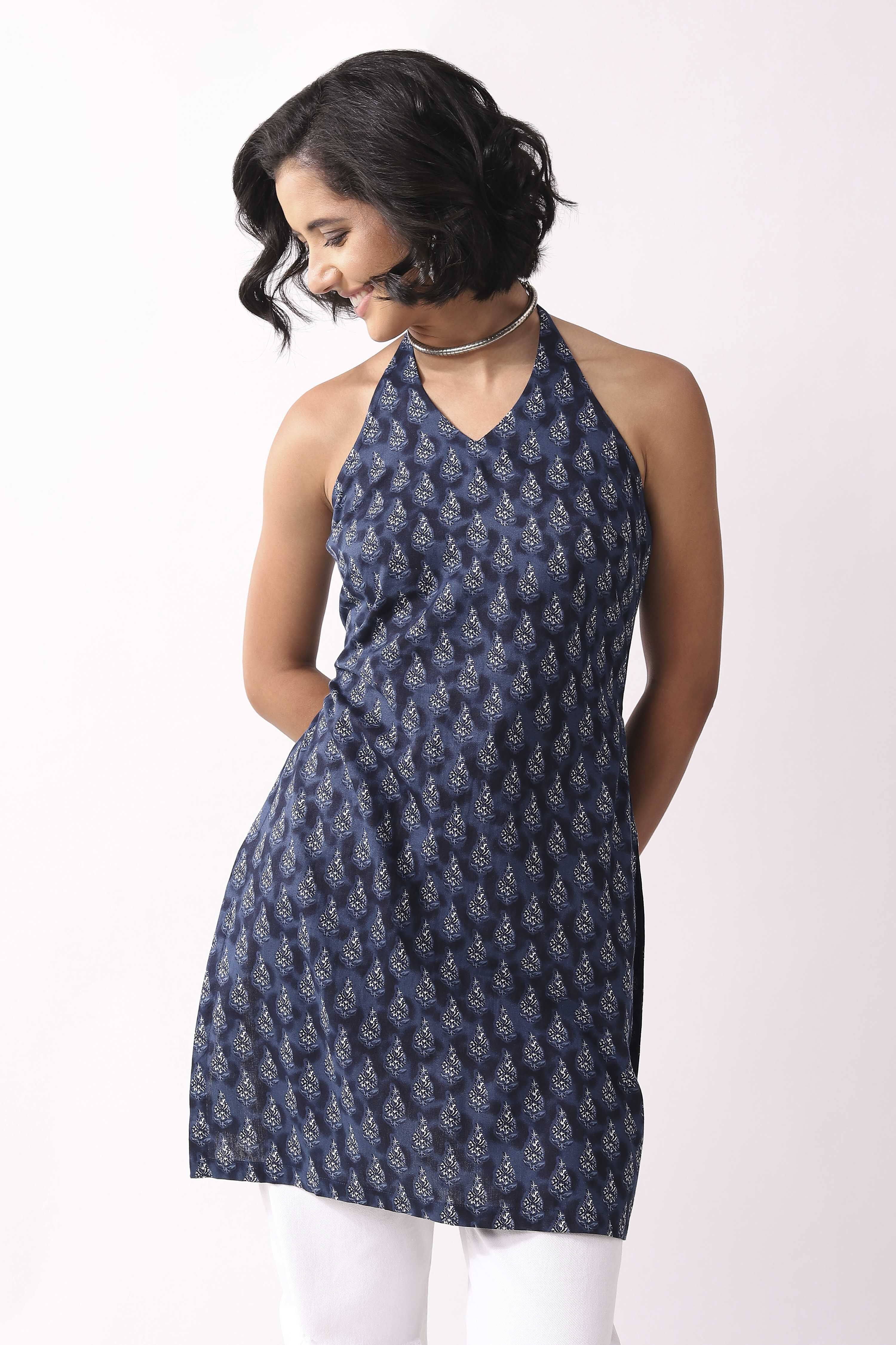 Indigo Cotton Printed A Line Short Kurti image number 5