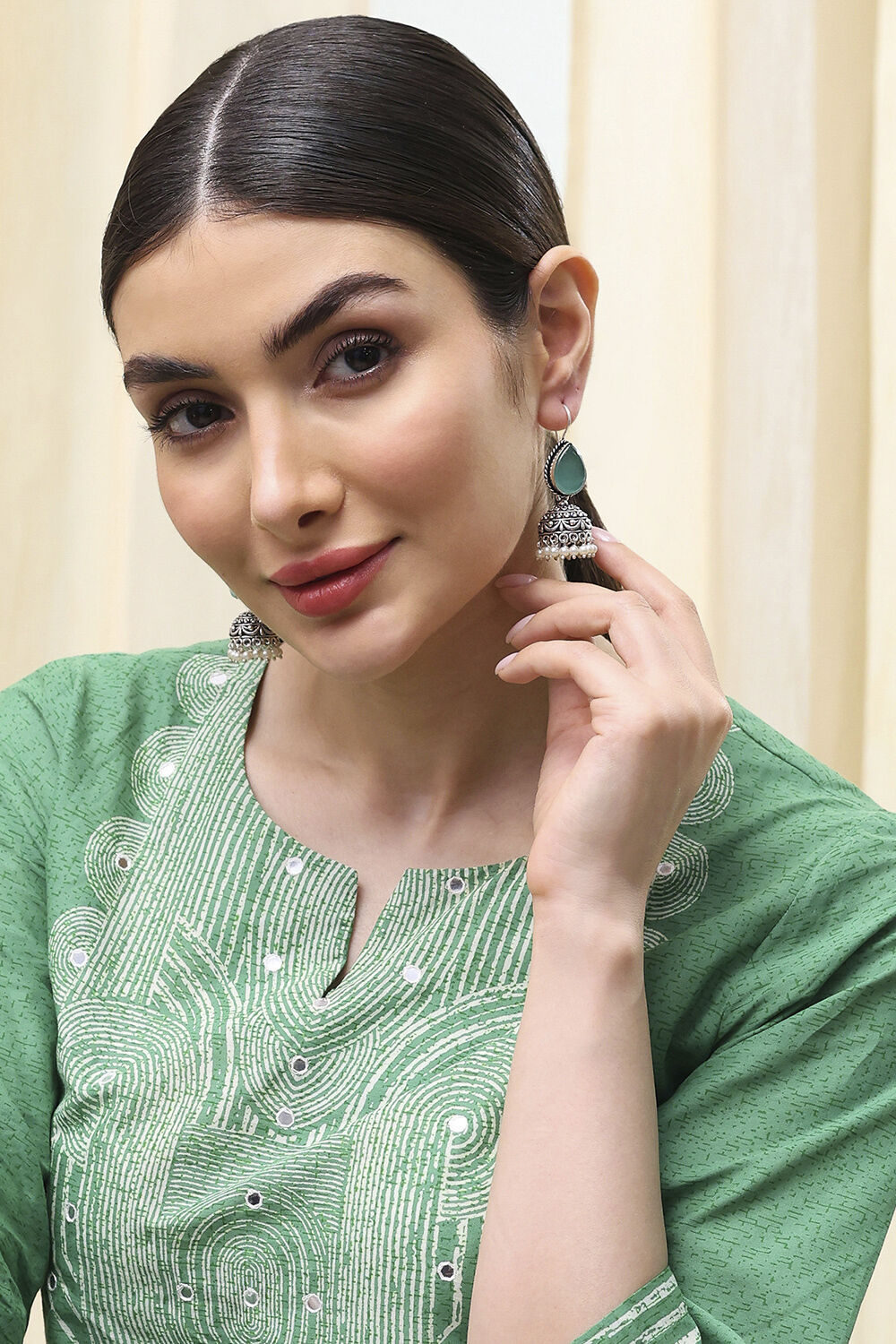 Mint Green Brass Jhumka image number 3