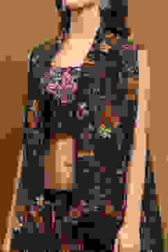 Black Georgette Floral Printed Flared Lehenga Set image number 1