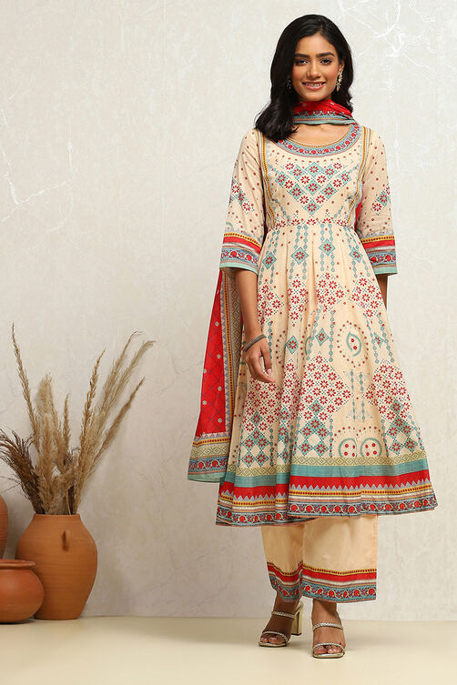 Ecru Cotton Geometric Printed Anarkali Suit Set image number 6