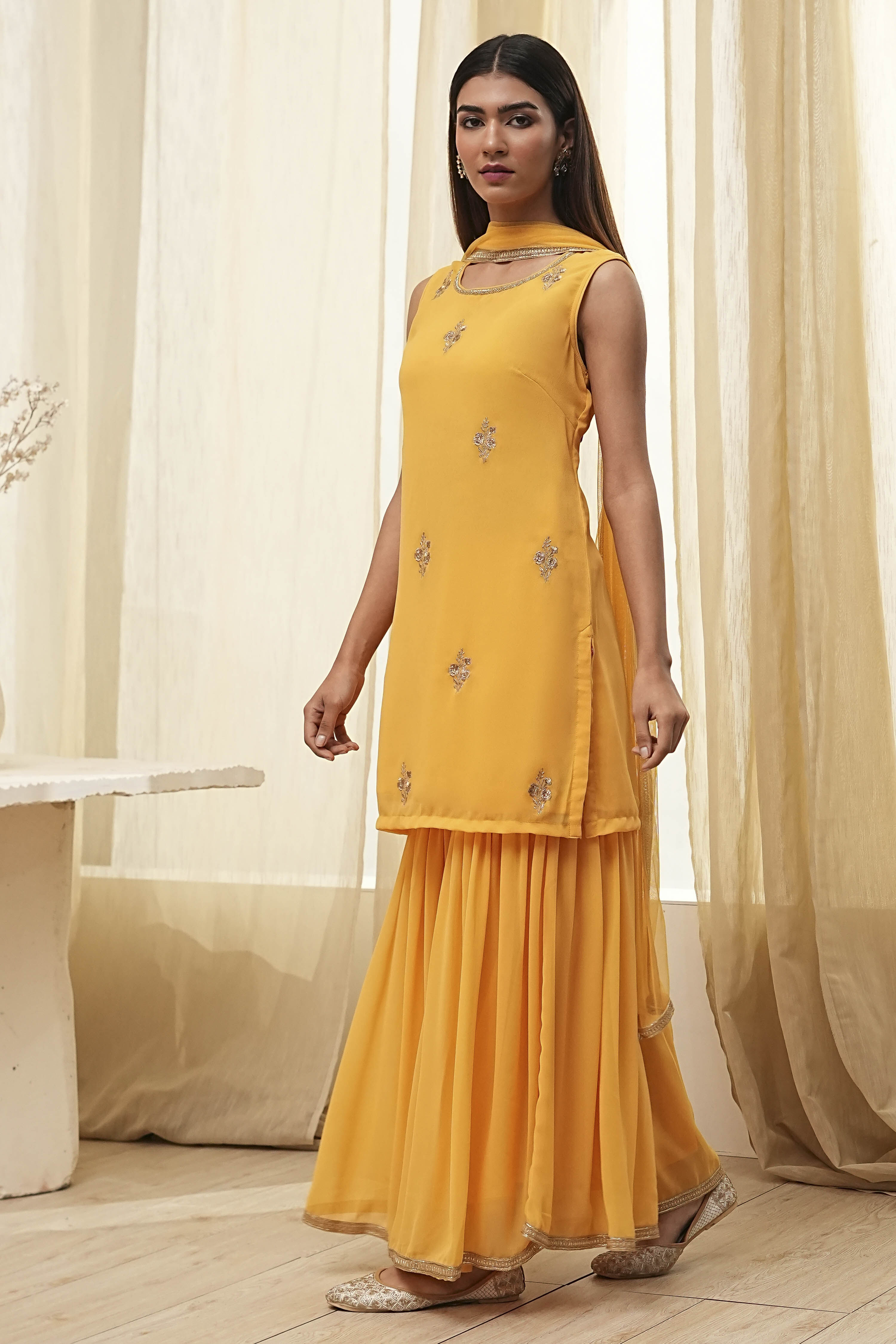 Ochre Yellow Embroidered Straight Suit Set image number 3