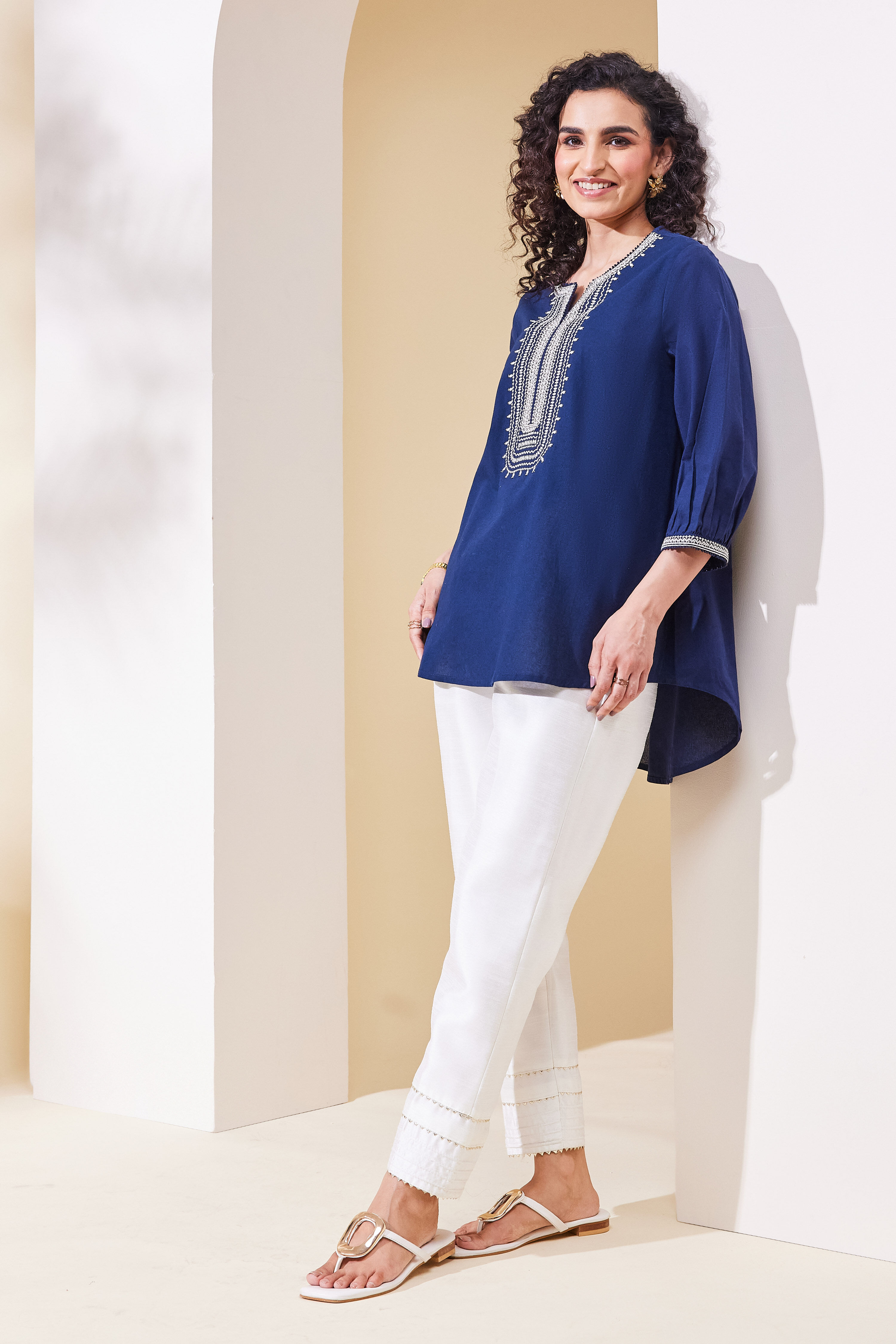 biba Navy Blue Cotton Yoke Design Straight KurtaNavy Blue Cotton Yoke Design Straight Kurta-picture-398