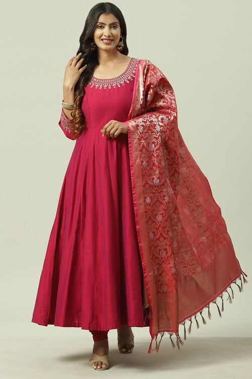 Teal Poly Viscose Anarkali Kurta Churidar Suit Set image number 0