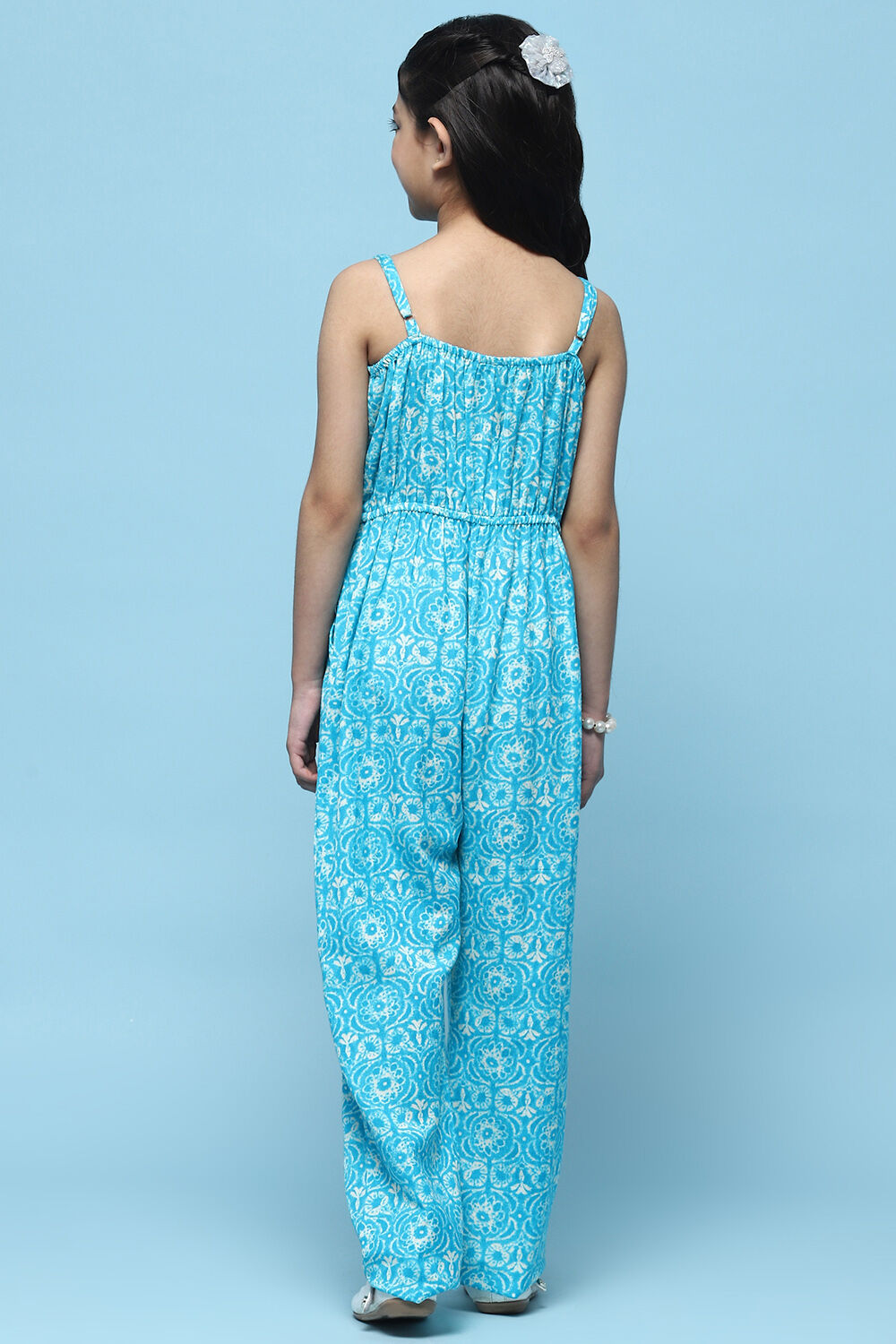 Aqua Printed Rayon Strappy Jumpsuit With Embroidered Yoke image number 3