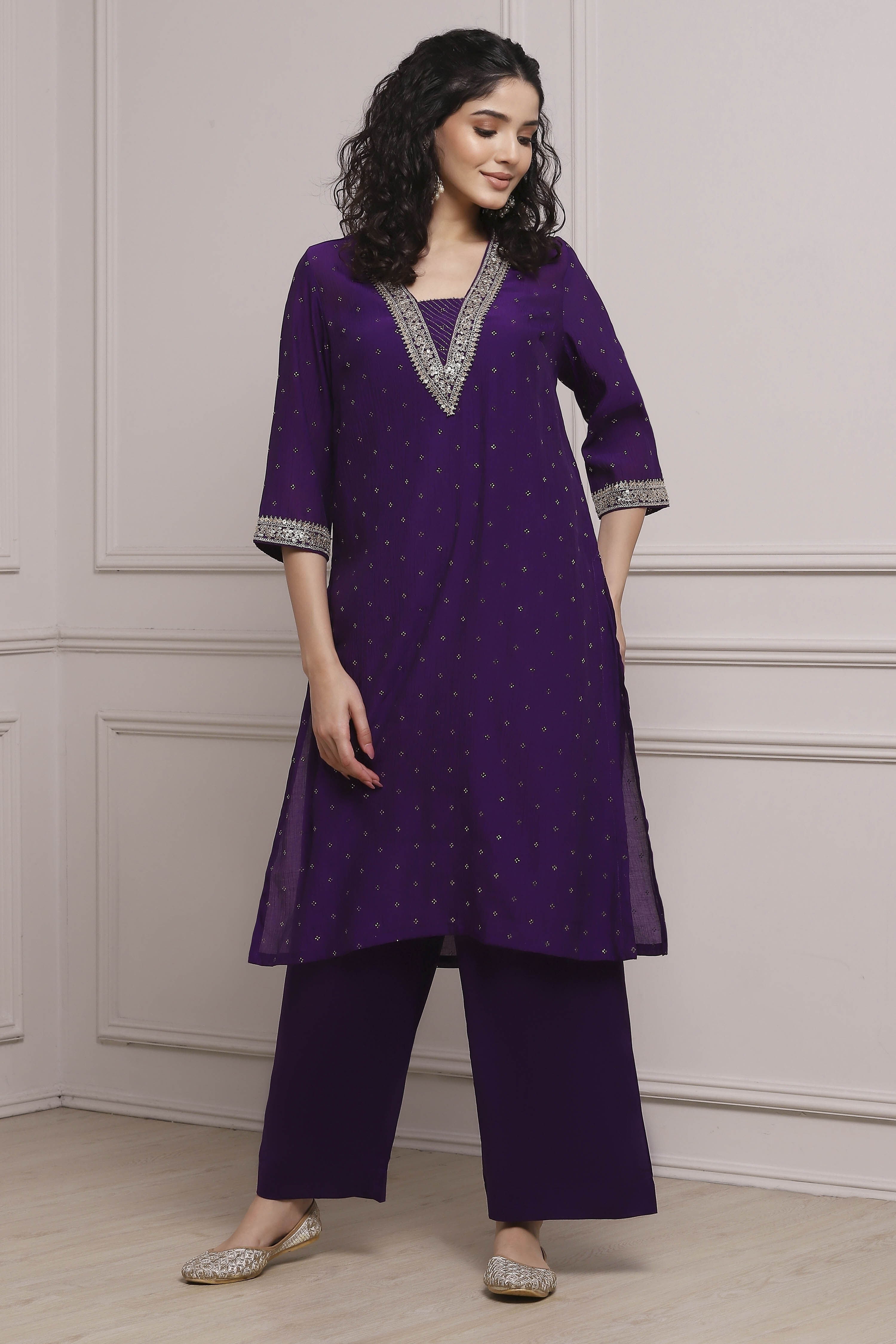 Purple Art Silk Straight Kurta Pants Set image number 0