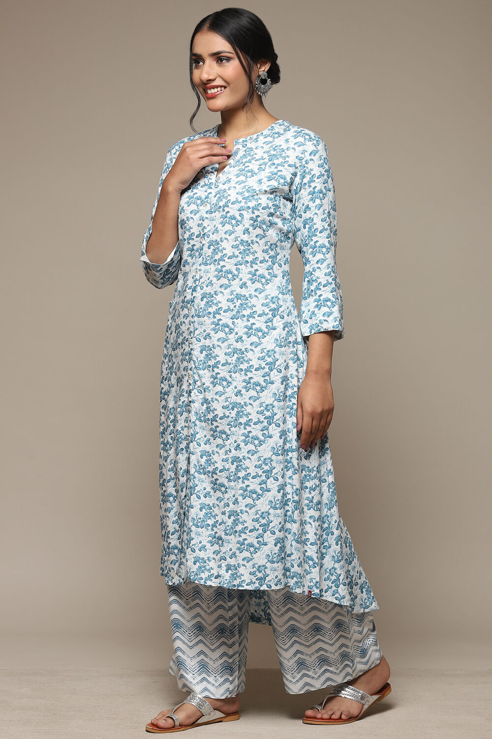 White & Blue Rayon Straight Kurta Palazzo Suit Set image number 3
