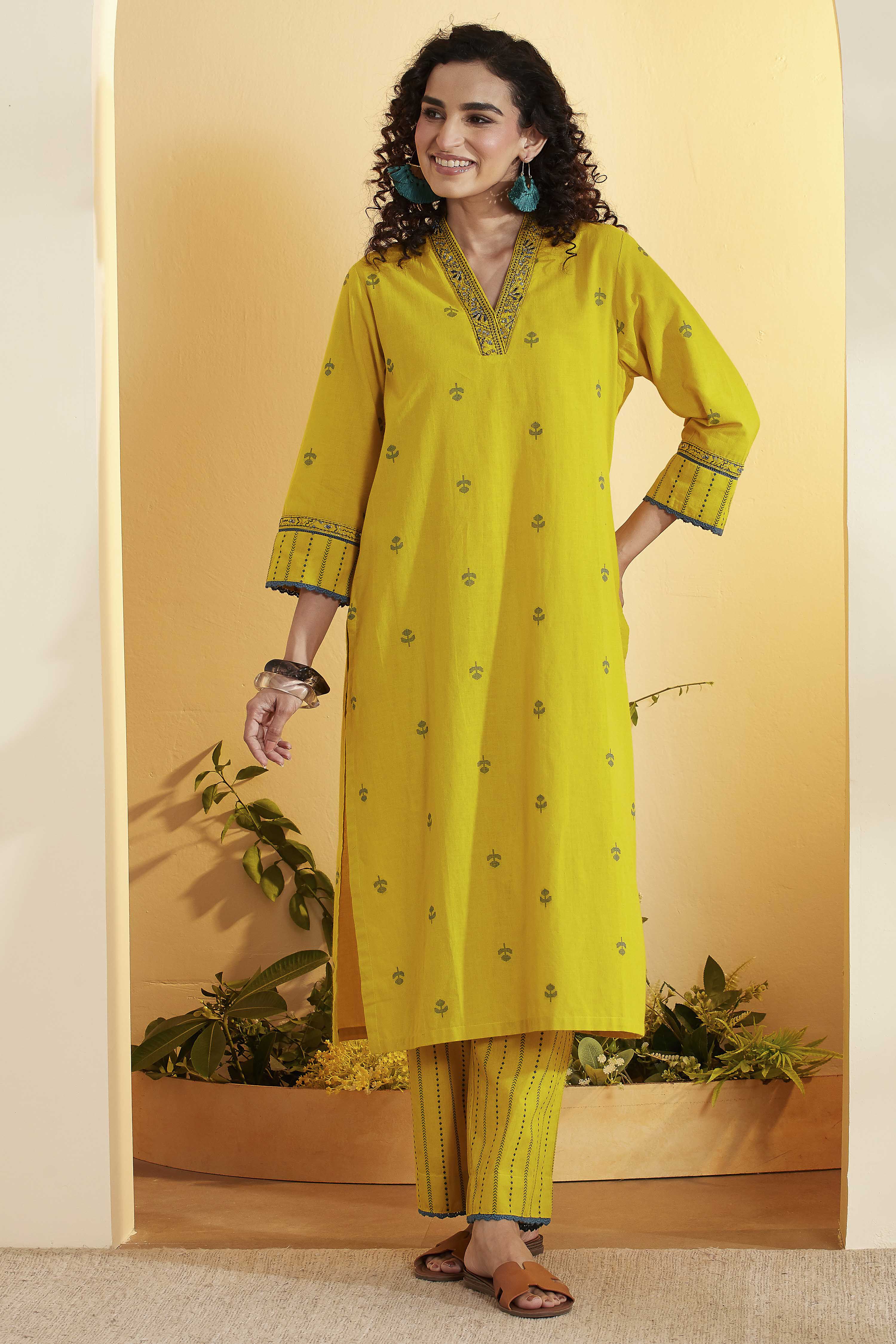 Lime Yellow Cotton Yarndyed Straight Kurta Set image number 0